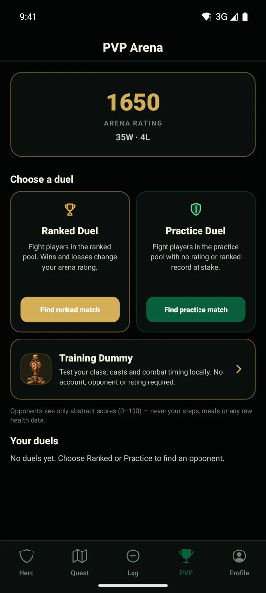 The PVP arena screen showing an arena rating, ranked and practice duel options, and a local training dummy.