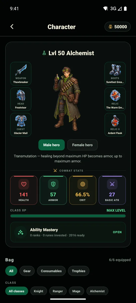 The character screen: a level 50 Alchemist with six equipment slots filled and health, armor, crit and attack stats.