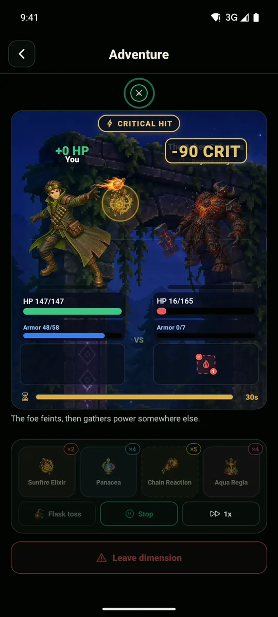 Combat against the Ashen Colossus: a critical hit banner, a floating 90-damage number, and four ability casts along the bottom.