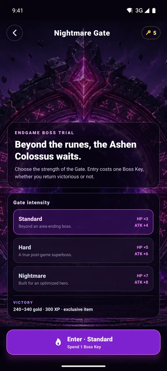 The Nightmare Gate boss trial screen offering Standard, Hard and Nightmare intensities, each costing one boss key.