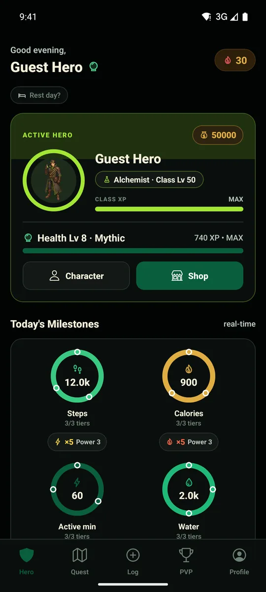 The hero screen: four milestone rings for steps, calories, active minutes and water, each fully closed, with the casts they grant.