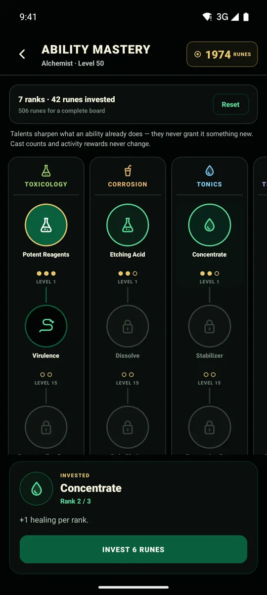 The ability mastery board: parallel talent pillars with ranked nodes bought using power runes.