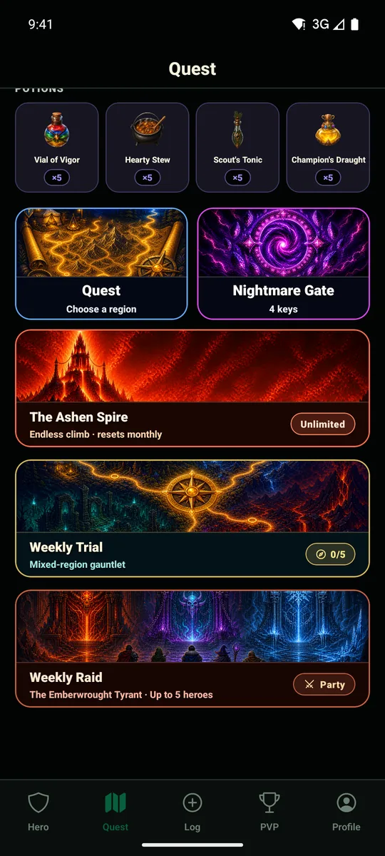 The mode select screen with painted panels for Quest, Nightmare Gate, The Ashen Spire, Weekly Trial and Weekly Raid.