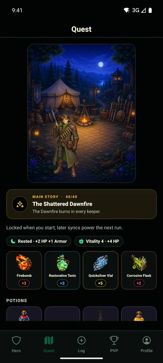 The adventure preparation screen: a painted night camp, the day's rest and vitality bonuses, and the four ability casts available for the run.