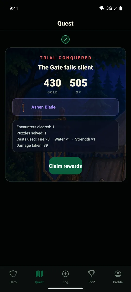 A victory screen reading Trial Conquered, awarding gold, experience and an Ashen Blade drop.